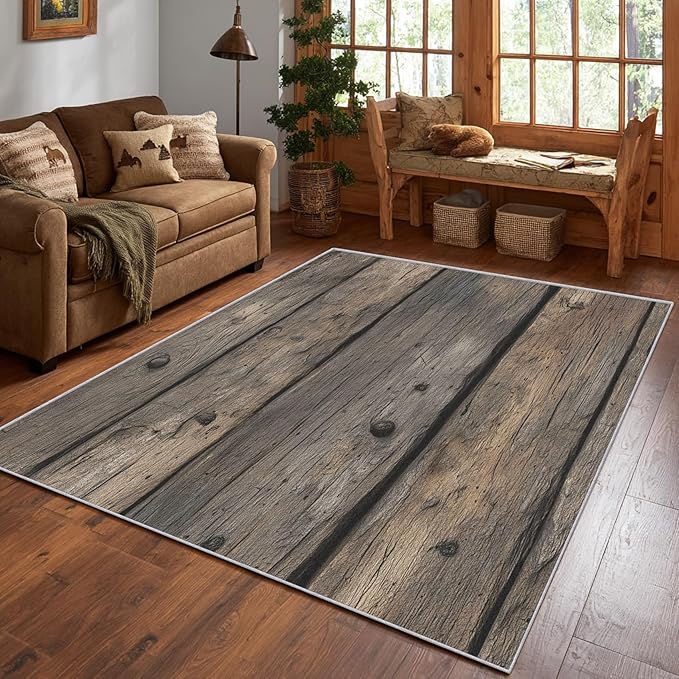 Wood Plank Farmhouse Area Rug, Rustic Vintage Texture Pattern Carpet, Washable Non Slip Low Pile Soft Thin, Living Room Bedroom Home Decor Mat 3x5ft(Small)
