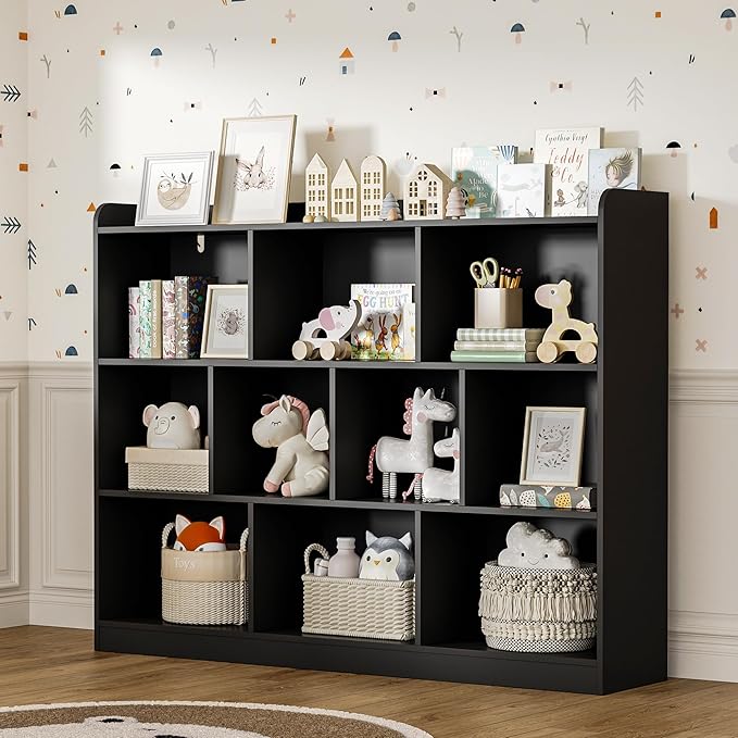 Black Bookshelf, Wood Bookcase with 3 Tier Open Shelves, 10-Cube Minimalist Storage Shelf for Living Room, Bedroom, 55.1" W x 42.5" H