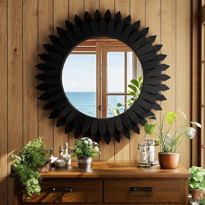 Boho Wood Sunburst Round Wall Mirror, 24 Inch Rustic Circle Wooden Frame Decorative Mirror for Farmhouse Coastal Home, Home Wall Decor for Living Room Entryway Bedroom, Light Wood