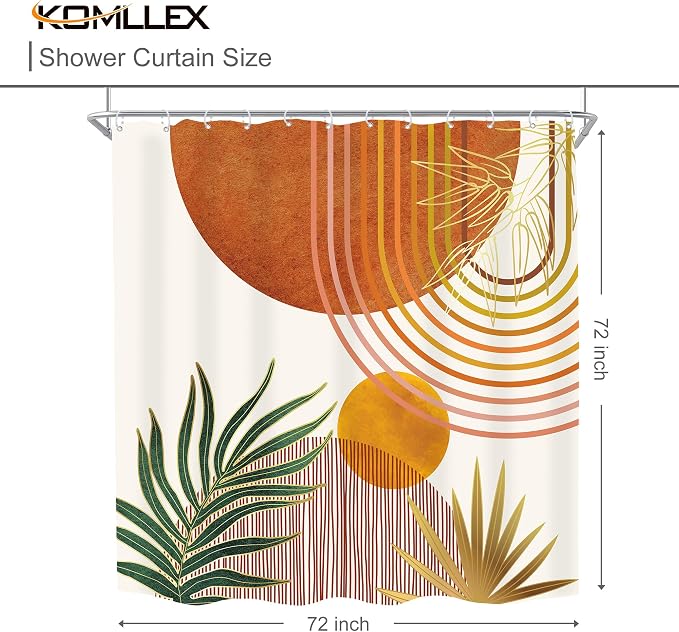 KOMLLEX Mid Century Orange Boho Shower Curtain 72Wx72L Inches Abstract Modern Shower Curtains for Bathroom Decor Plant Botanical Minimalist Arch Sun Fabric Liner Waterproof Polyester 12 Pack Hooks