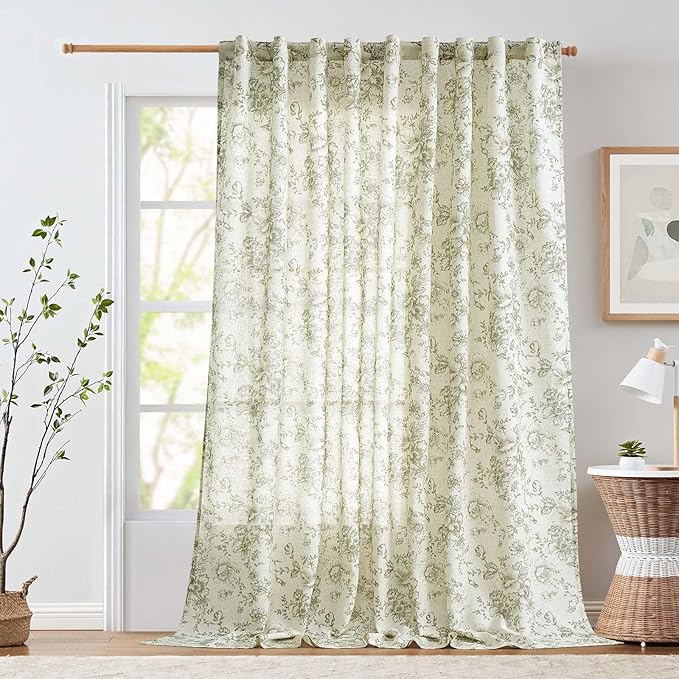 jinachan Linen Floral Curtains Extra Wide for Patio Sliding Glass Door Room Divider Curtain for Living Room Christmas Drapes 108 Inch Length Farmhouse Peony Green Printed Curtain Set 1 Panel