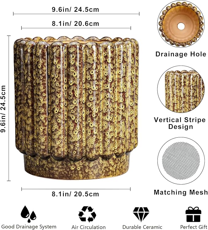 Ceramicfor Ceramic Planter, 9.6 Inch, Yellow | Round Flower Pot, Drainage Hole, Fluted Design, Indoor & Outdoor Use