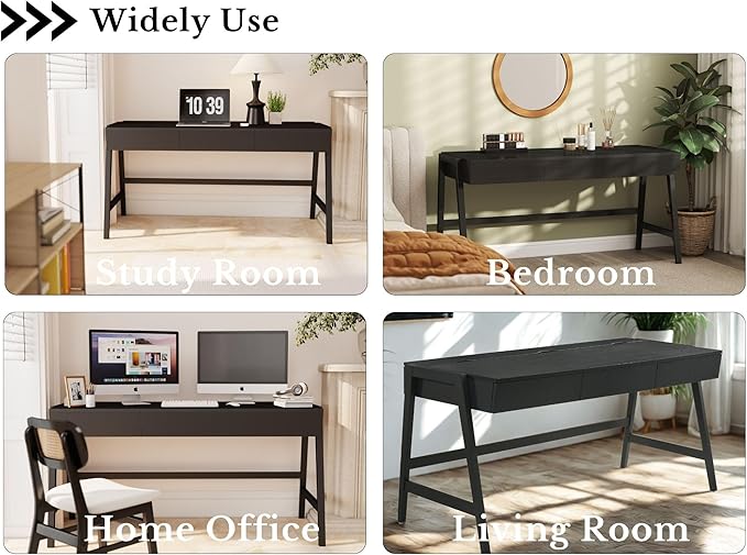 HNY 59 Inches Black Wooden Writing Desk with 3 Drawers, Computer Study Table with MDF Top, Solid Rubberwood Legs and Hidden Cable Management Holes, Corner Makeup Vanity Desk for Home Office, Bedroom
