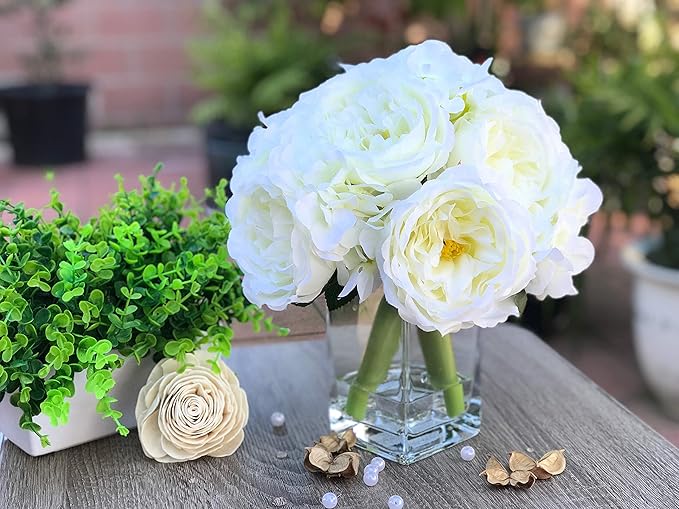 ENOVA HOME Peony and Hydrangea Mixed Artificial Flower Arrangement with Clear Glass Vase for Home Wedding Decoration (Cream)