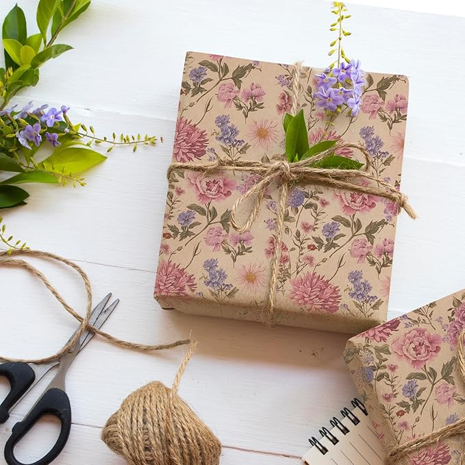 RayofSun Kraft Floral Wrapping Paper Roll 17 in x 32 ft Mini Roll Vintage Wildflower Pink Flower Gift Wrap Paper for All Occasion Wedding Birthday Bridal Shower Party Wrapping Supplies