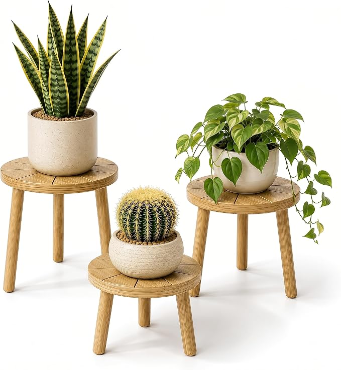 Delma Wood Plant Stands Indoor, 3-Pack Single Plant Stand for 7-10 Inch Pots, Mid-Century Modern Plant Stool, Tall Plant Stand for Large Plants for Living Room, Balcony, Office (Light Brown, 3-Pack)