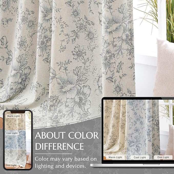 jinchan Blackout Linen Blend Curtain Gray Floral Blackout Curtains for Living Room 96 Inch Length Grey Printed with Lined Blackout Curtain for Bedroom Farmhouse Curtains Set 2 Panels