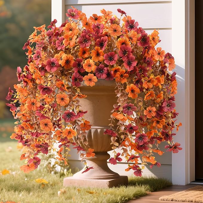 Artificial Faux Mums Fall Flowers for Outdoor Outside Decoration, 2 PCS Fake Silk Daisy Flower Plants Realistic UV Resistant for Home Porch Balcony Patio Autumn Decor (Orange Brown