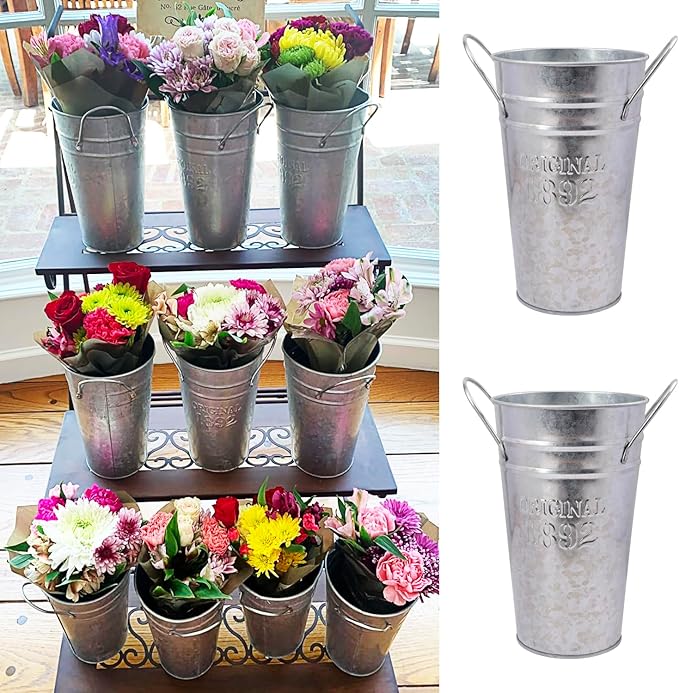 6 Packs 8 Inch Tall Galvanized Metal Flower Vases with Handles, Metal Flower Buckets for Cut Flowers, Country Wedding, Table Centerpiece Decorations(Sliver)