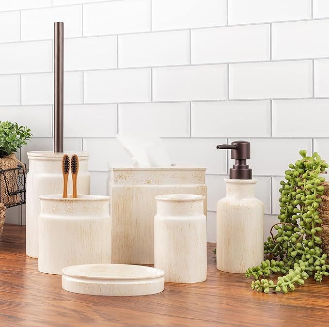 Creative Scents Rustic Luxe Bathroom Accessory Set Complete - 4 Piece Beige Bathroom Soap Dispenser Set has: Lotion Dispenser, Toothbrush Holder, Tumbler & Soap Dish; Modern Farmhouse Bathroom Decor