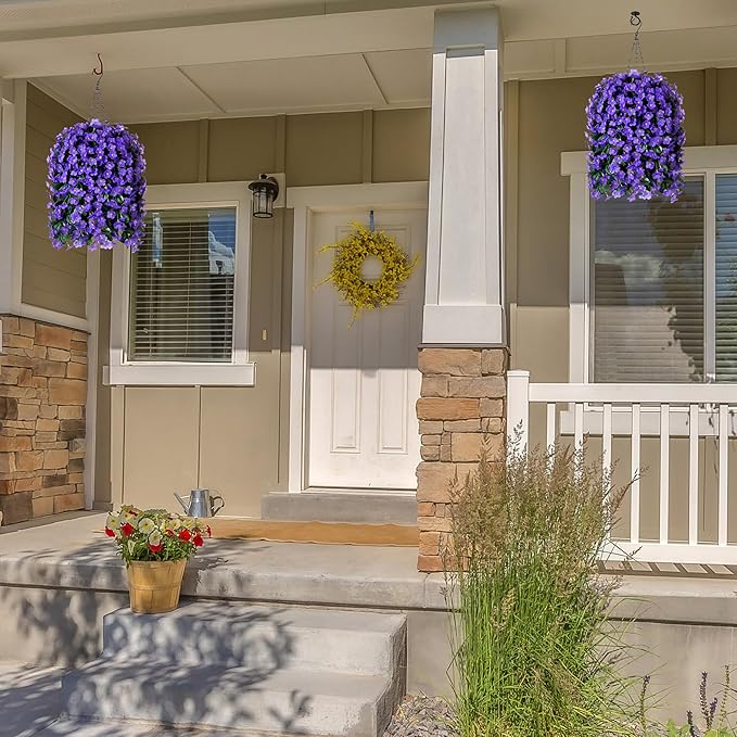 Artificial Fake Outdoor Hanging Flowers Plants Basket for Outside Porch Decoration, Fake Silk Purple Daisy Flower UV Resistant Look Real Orchid Traing Vines for Home Balcony Yard Patio Garden Decor