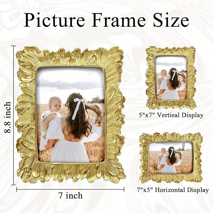 5x7 Vintage Picture Frame Gold, Ornate Leaves Photo Frame with Glass Front, Elegant Picture Frame for Wall or Tabletop Display, Gift ldeas for Home Decor