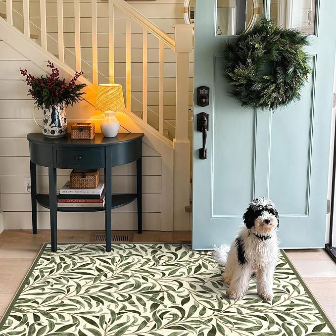 3x5 Boho Entry Rug - Small Washable Indoor Outdoor Mats for Front Door Non-Slip Porch Rug Sage Green Botaniacal Leaf Throw Rugs for Living Room Bedroom Entryway Kitchen Office Porch Decor