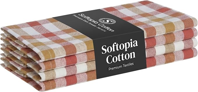 Multi Checkered Dish Towels 4 Pack, 18x26 Inches, 100% Cotton Kitchen Cloths, Quick Drying Wash Rags, Reusable & Absorbent, Washable Towels for Cleaning, Cooking - Rust, Tan, Natural