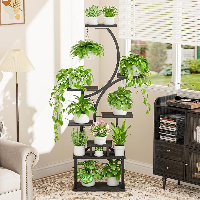 Plant Stand with Grow Lights for Indoor Plants, 8-Tiered Tall Corner Plant Shelf with Full Spectrum Light, S-Shaped Space-Saving Narrow Flower Holder, Anti-Tip for Living Room Bedroom Office, Black