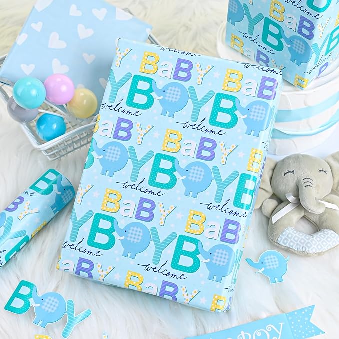 Burymento Reversible Baby Elephant Wrapping Paper Roll - Blue Wrapping Paper for Baby Shower, Boy's Birthday, Child - 17 "x 32.8 ft (47.23 sq ft)