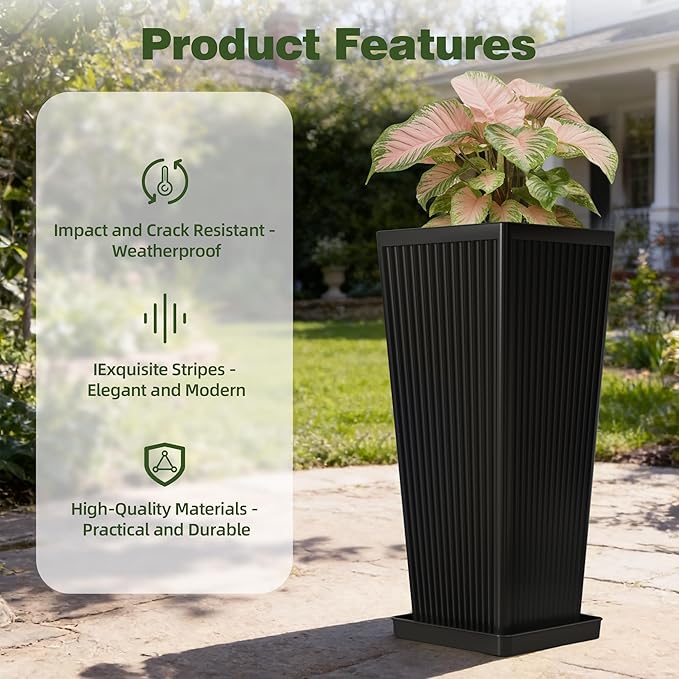 Square Tall Planters for Outdoor Plants Set of 2-23.6" Modern Tapered Indoor Flower Pots with Drainage Holes/Partition/Tray, Large Outdoor Planters for Porch Patio Garden Front Porch, Black