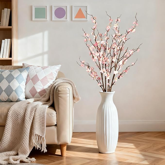 4Pcs Cherry Blossom Branches Artificial Flowers for Spring Summer Indoor Decoration,Faux Long Stem Artificial Flowers for Wedding Home Office Bedroom Party Table Centerpieces Decor (Pink)