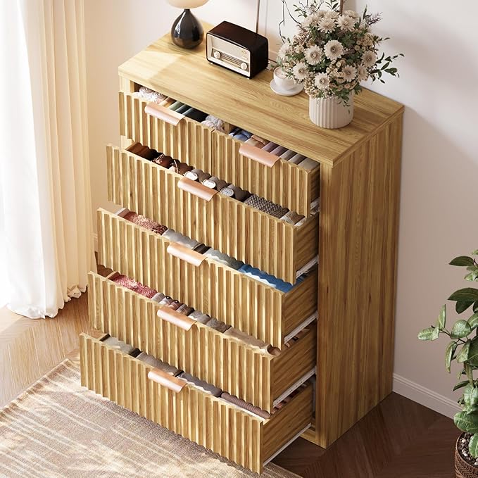 Fluted Dresser, 44" Tall 6 Drawer Dresser for Bedroom, Modern Wooden Closet Dressers for Living Room, Entryway, or Hallway,Natural Oak