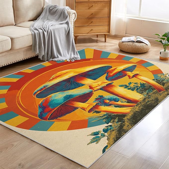 Mushroom Rugs for Home Decor, 5x7 ft, Mid Century Boho Sun Area Rugs for Living Room, Soft Non Slip Washable Retro Trippy Mushroom Carpet Bedroom Decorations Dt-Ghf-69