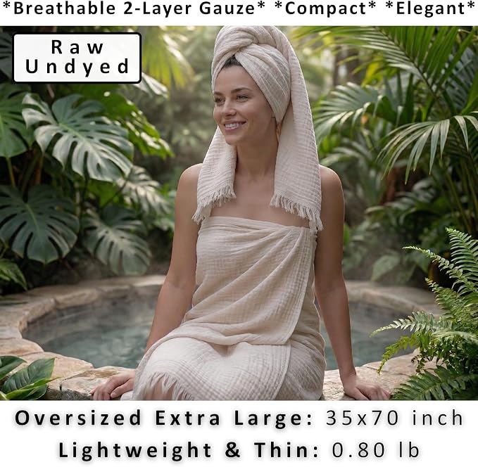 PÜSKÜL - Premium 2-Piece Oversized Muslin Bath Towel for Adult 35x70 Extra Large Bath Sheets | Natural 100% Turkish Cotton Soft Absorbent Quick-Dry Light Spa & Beach Towels (Pack of 2, Natural Raw)