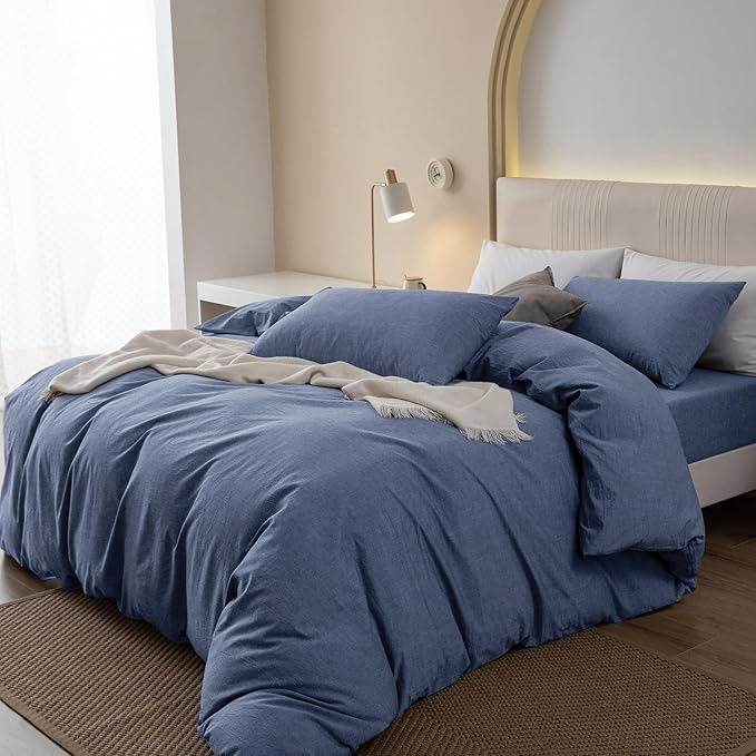 JIYUAN 100% Washed Cotton Duvet Cover Set 3 Pieces King, 1 Duvet Cover 104x90 Inches(Comforter Not Included) and 2 Pillowcases,Linen Like Comfy and Breathable,Heathered Blue