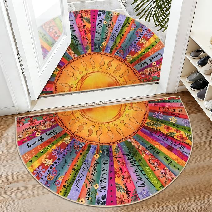 Likiyol Sun Entryway Rug 2x3 Small Rug, Half Circle Door Mat Indoor Entrance Inspirational Non Slip Rugs for Entryway, Washable Soft Faux Wool Throw Rugs Carpet for Entry, Kitchen, Bathroom, Low-Pile