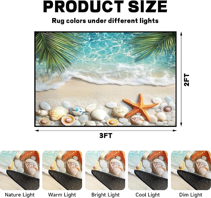 2'x3' Beach Rug Starfish Seashell Area Rugs for Entryway Bedroom Living Room Kitchen Home Decor Ocean Sea Wave Carpt 3D Non Slip Washable Throw Rug Coastal Seaside Floor Mat