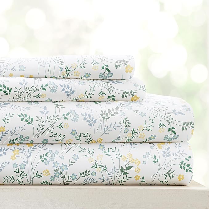 Linen Market Double-Brushed Patterned Microfiber Full Sheet Set 4 Piece – Oeko-TEX Certified Ultra Soft & Wrinkle-Free - 16" Deep Pocket Sheets - Easy Care Full Size - Wildflower Light Blue
