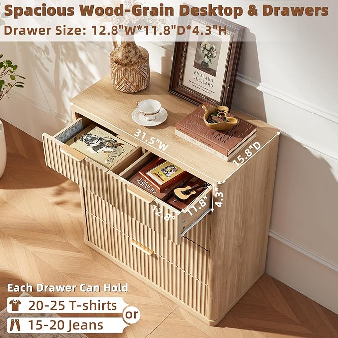 LEYAOYAO Fluted 5 Drawers Dresser for Bedroom, 34" Tall Modern Chest of Drawers with Metal Handle, Curved Profile Design,Natural Wood Drawer Organizer for Bedroom, Living Room, Hallway, Entryway