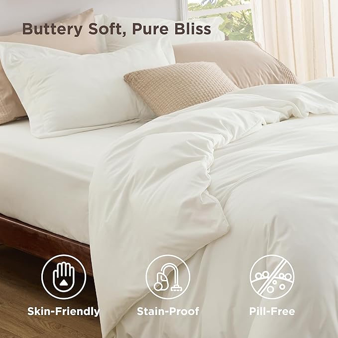 Bedsure Duvet Cover with Fitted Sheet Queen - Deep Pocket, Hotel Luxury Soft Double Brushed Bedding Set with Zipper Closure, 1 Duvet Cover, 1 Fitted Sheet, 2 Pillow Shams, NO Comforter, Ivory White