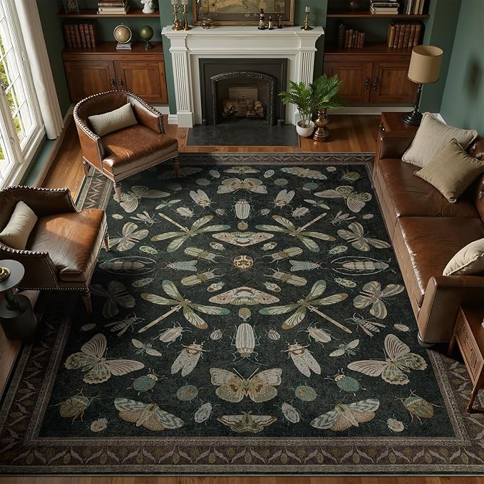DCX 6x9 Washable Insect Rug, Vintage Gothic Black Rug with Non-Slip Rubber Backing, Soft Low-Pile, Stain-Resistant, Kid & Pet Friendly, for Living Room, Bedroom, Office, and Nature-Themed Decor