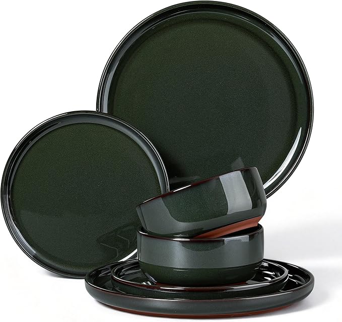 E-far Stoneware Dinnerware Sets for 2, 6 Pieces Reactive Glaze Plates and Bowls Sets, Elegant Dishes with Rustic Terracotta Base, Dishwasher & Microwave Safe, Scratch Resistant, Blackish Green