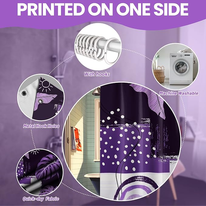 Purple Mid Century Modern Shower Curtain Bohemian Abstract Lavender Shower Curtains for Bathroom Decor Sets, Waterproof Cloth Fabric with Hooks, 70x72 Inch