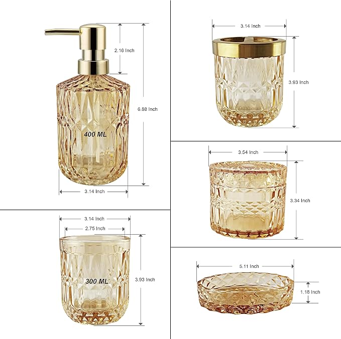 LaMarriti Clear Gold Bathroom Accessorries Set, 5Pcs Glass Bathroom Set, Soap Dispenser and Toothbrush Holder Set, Soap Dish, Tumbler, Q-Tips Holder Set for Modern Bathroom Sink, Cute Bathroom Decor