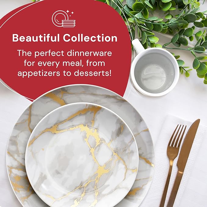 Safdie & Co 16-Piece Modern Premium Porcelain Ceramic Dinner Set, Lightweight Designed, Stackable, in Gold Marble/Gray Finish