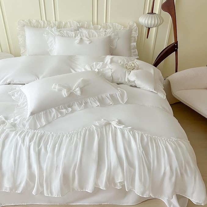 Chic Lace Bedding,Girls Twin Aesthetic Comforter Cover Set,Romantic French Princess Style Ruffled Duvet Cover with Lovely Bow with Zipper Closure-White,Twin