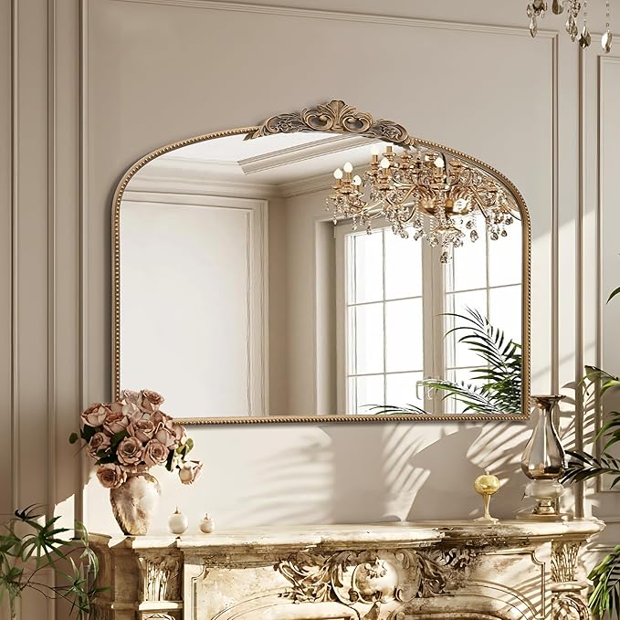 Micasso Large Vintage Gold Mirror: 48"x33" French Baroque Antique Arched Mirror - Traditional Ornate Decorative for Wall/Fireplace/Mantel/Entryway/Bathroom/Hallway - Home Decor for Living Room