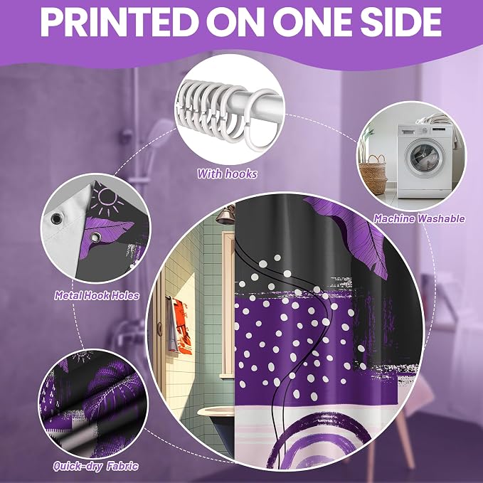 Purple and Gray Mid Century Modern Shower Curtain Bohemian Abstract Dark Purple and Grey Shower Curtains for Bathroom Decor Sets, Waterproof Cloth Fabric with Hooks, 60x72 Inch