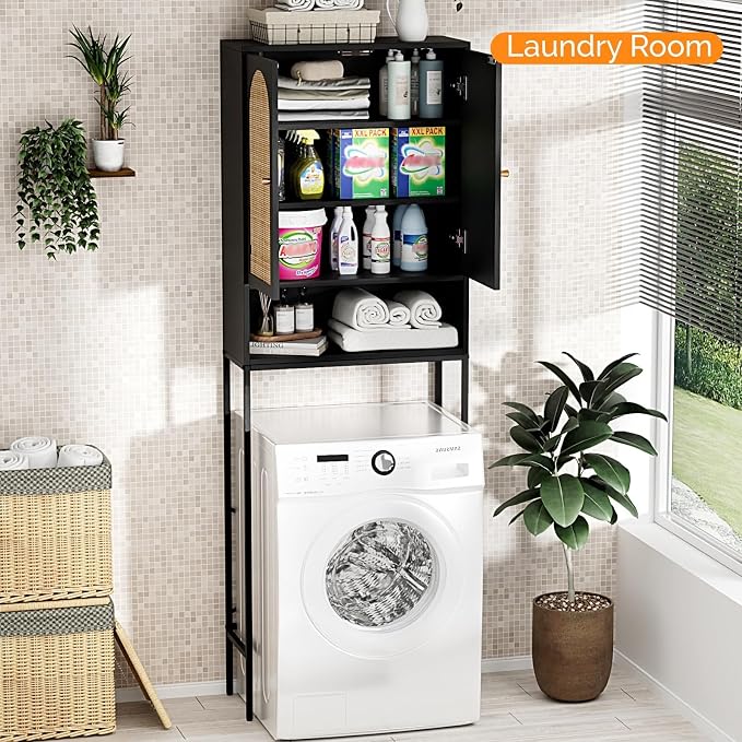 VINGLI Over The Toilet Storage Cabinet, Black Rattan Bathroom Organizer Over Toilet with Adjustable Shelf, Freestanding Space Saver Stand with Soft-Close Doors for Restroom Laundry, Boho Modern