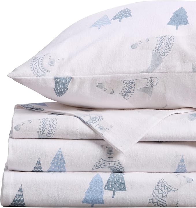 Market & Place 100% Turkish Cotton Flannel Sheet Set | 4 Piece Deep Pocket Novelty Cozy Winter Bed Sheets | Double Brushed for Extra Softness & Comfort | Alpine Collection (Full, Polar Bears)