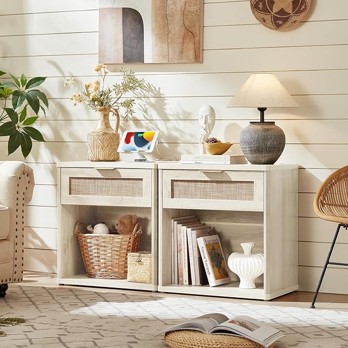 LEYAOYAO Rattan Nightstands Set of 2 with Charging Station, Grey White Night Stand with Drawer, 23" Wide Boho Bedside Table with Storage Shelf, Bed Side End Tables for Bedroom, Living Room, Hallway