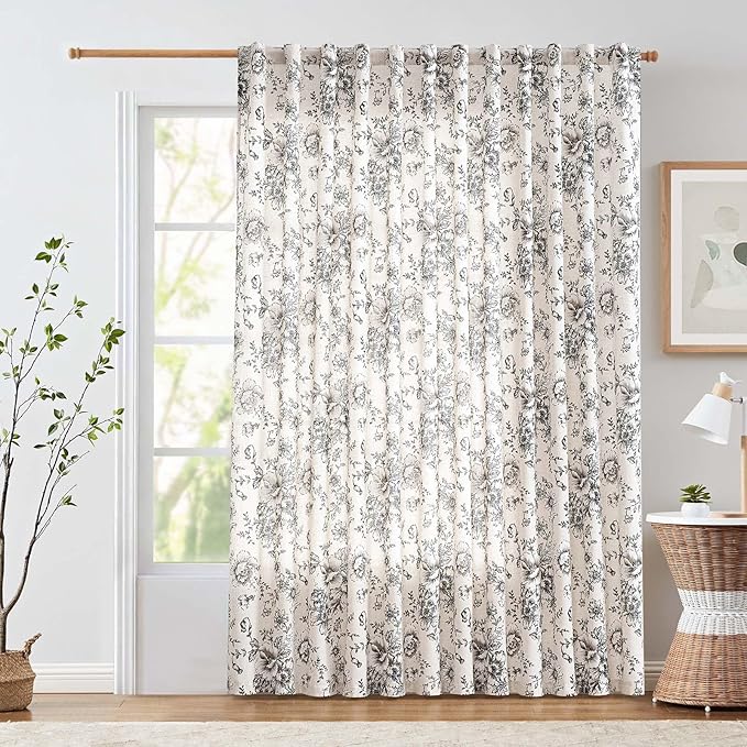 jinchan Linen Floral Curtains 100 Inch Extra Wide for Patio Sliding Glass Door Room Divider Curtain for Living Room 84 Inch Length Farmhouse Peony Black Printed Curtain Set 1 Panel