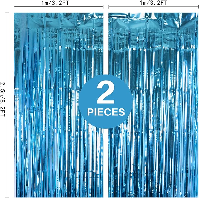 2 Pack Lake Blue Foil Fringe Curtains Tinsel Backdrop, 3.2Ft x 8.2Ft Metallic Tinsel Photo Booth Backdrop Curtains for Birthday Background Wedding Engagement Bridal Shower Bachelorette Decorations