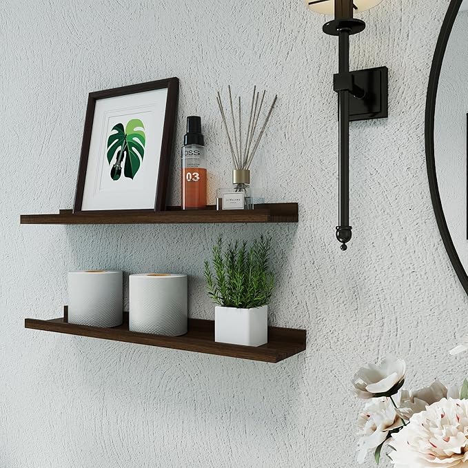 Floating Shelves for Wall Decor, Long Wall Mounted Storage Shelf for Bedroom, Living Room, Bathroom, Kitchen, Nursery, Display Picture Ledge Shelf with Lip Set of 2-24 Inches, Walnut