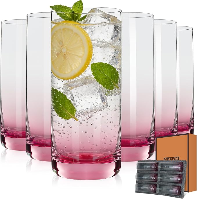 Pink Highball Glasses Set of 6,13oz Pink Drinking Glass Cups for Mixed Drink Cocktail, Beer, Mojito, Water and Juice,Thick Tall Crystal Glassware for Kitchen, Restaurant, Home Bar and Parties