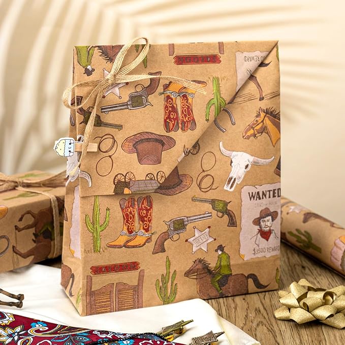 Homeral Rodeo Kraft Wrapping Paper Roll - 17In x 32.8Ft Old Wild West Style Gift Wrap with Cowboy & Horse & Wanted Poster Gift Wrap for Boys Birthday, Bachelor Party, Christmas, Farm Theme