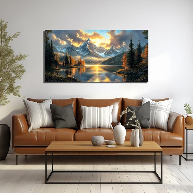 JuhaiArt Mountain Lake Canvas Wall Art Landscape Picture Artwork Gold Wall Decor for Living Room Bedroom Office Sunset Poster 24" x 48"