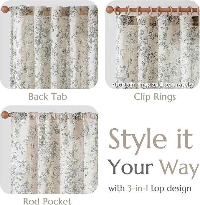 jinchan Lined Linen Blend Curtain Floral Curtains for Living Room 63 Inch Length Grey Peony Flower Printed Curtain Back Tab Farmhouse Patterned Drapes Bedroom Window Curtains Set 2 Panels