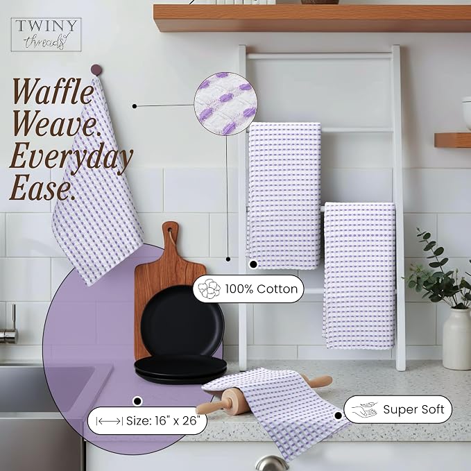 TWINY threads Waffle Weave Kitchen Towels Set of 4, Premium 100% Cotton, 16x26 Inches Dishcloths Pack, Ultra Absorbent & Quick Dry Wash Rags for Home Kitchens, Lavender, White